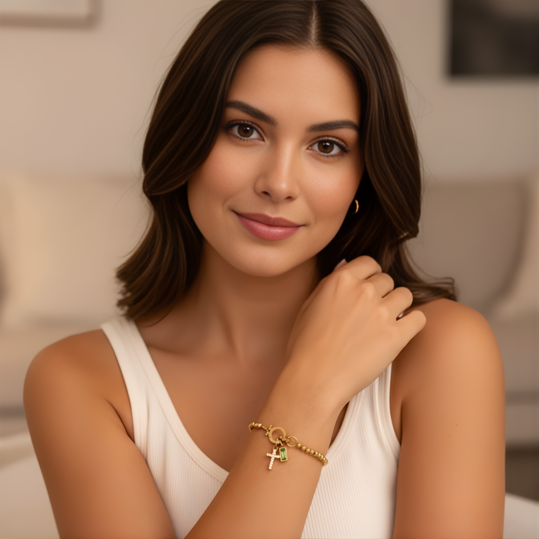 BIRTHSTONE CROSS CHARM BRACELET