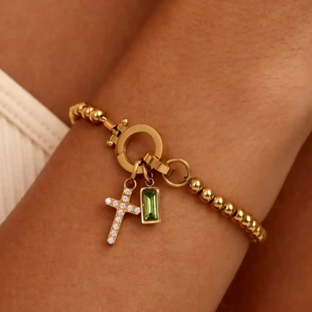 BIRTHSTONE CROSS CHARM BRACELET